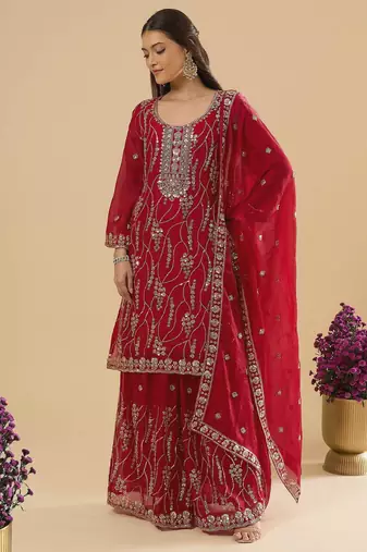 Maroon color heavy embroidered fendy silk fabric readymade palazzo suit for ceremonial wear