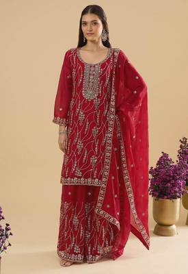 Maroon color heavy embroidered fendy silk fabric readymade palazzo suit for ceremonial wear 5