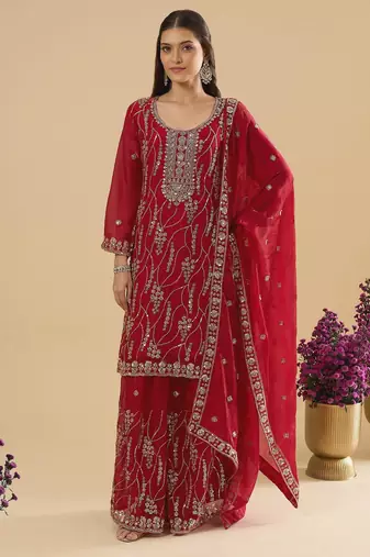 Maroon color heavy embroidered fendy silk fabric readymade palazzo suit for ceremonial wear