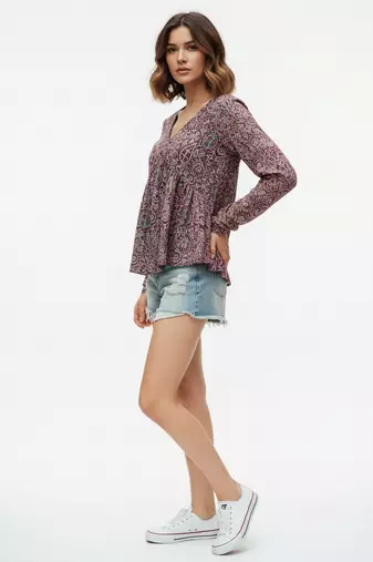 Magenta color poly crepe fabric designer printed stylish casual tops for girls