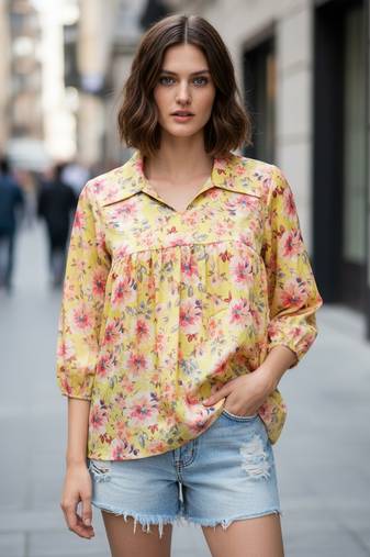 Yellow color poly crepe fabric designer printed stylish casual tops for girls
