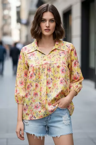Yellow color poly crepe fabric designer printed stylish casual tops for girls