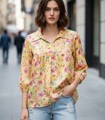 Yellow color poly crepe fabric designer printed stylish casual tops for girls