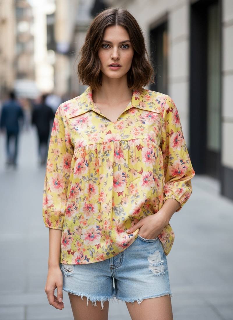 Yellow color poly crepe fabric designer printed stylish casual tops for girls