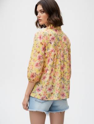 Yellow color poly crepe fabric designer printed stylish casual tops for girls 2