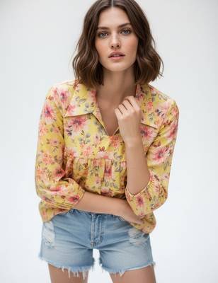 Yellow color poly crepe fabric designer printed stylish casual tops for girls 3