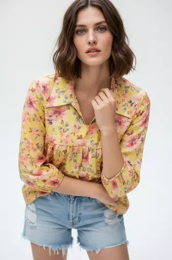 Yellow color poly crepe fabric designer printed stylish casual tops for girls