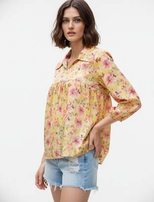 Yellow color poly crepe fabric designer printed stylish casual tops for girls 4
