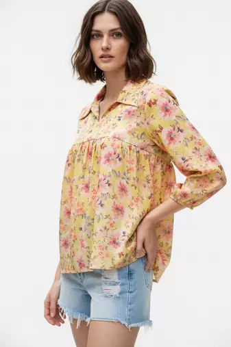 Yellow color poly crepe fabric designer printed stylish casual tops for girls