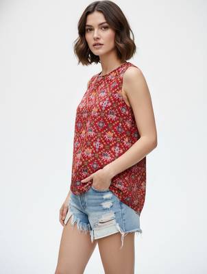 Red color viscose rayon fabric designer printed stylish casual tops for girls 4