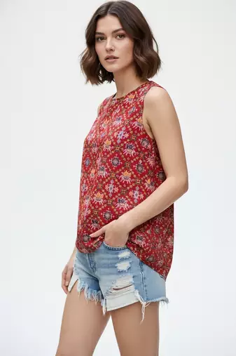 Red color viscose rayon fabric designer printed stylish casual tops for girls