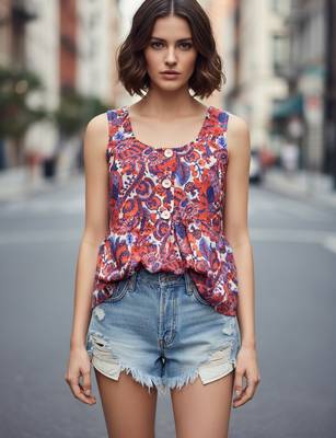Rust color poly crepe fabric designer printed stylish casual tops for girls 1