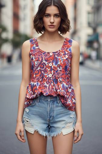 Rust color poly crepe fabric designer printed stylish casual tops for girls