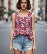 Rust color poly crepe fabric designer printed stylish casual tops for girls