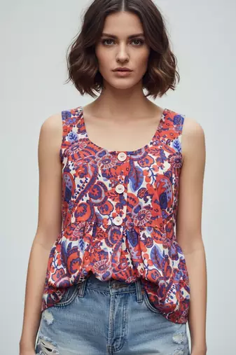 Rust color poly crepe fabric designer printed stylish casual tops for girls