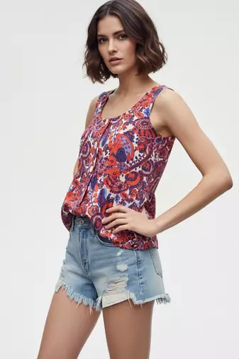 Rust color poly crepe fabric designer printed stylish casual tops for girls