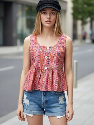 Pink color poly crepe fabric designer printed stylish casual tops for girls 1