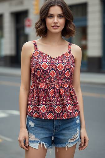 Blue color poly crepe fabric designer printed stylish casual tops for girls