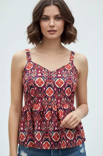 Blue color poly crepe fabric designer printed stylish casual tops for girls