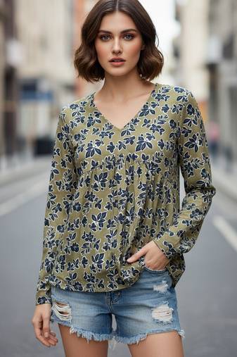Green color poly crepe fabric designer printed stylish casual tops for girls