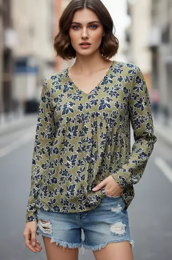 Green color poly crepe fabric designer printed stylish casual tops for girls
