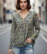 Green color poly crepe fabric designer printed stylish casual tops for girls