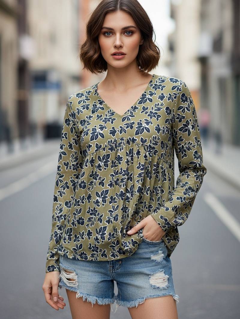 Green color poly crepe fabric designer printed stylish casual tops for girls