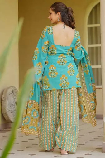 Sea green color cambric cotton fabric elegant readymade suit for trendy girls