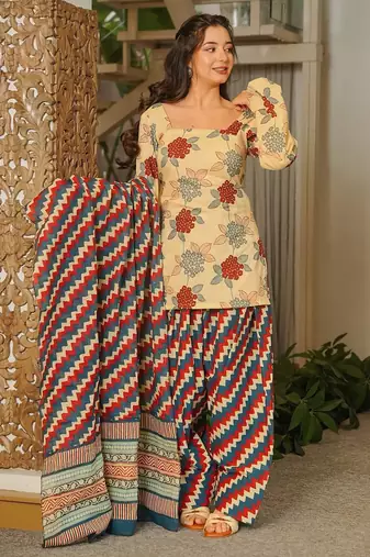 Yellow color cambric cotton fabric elegant readymade suit for trendy girls