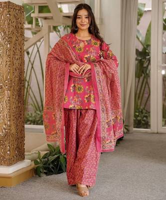 Pink color cambric cotton fabric elegant readymade suit for trendy girls 1
