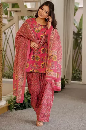 Pink color cambric cotton fabric elegant readymade suit for trendy girls