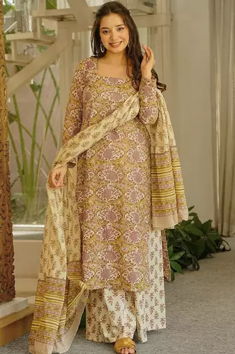 Cream color cambric cotton fabric elegant readymade suit for trendy girls