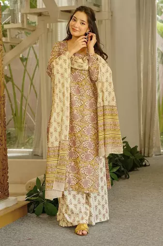 Cream color cambric cotton fabric elegant readymade suit for trendy girls
