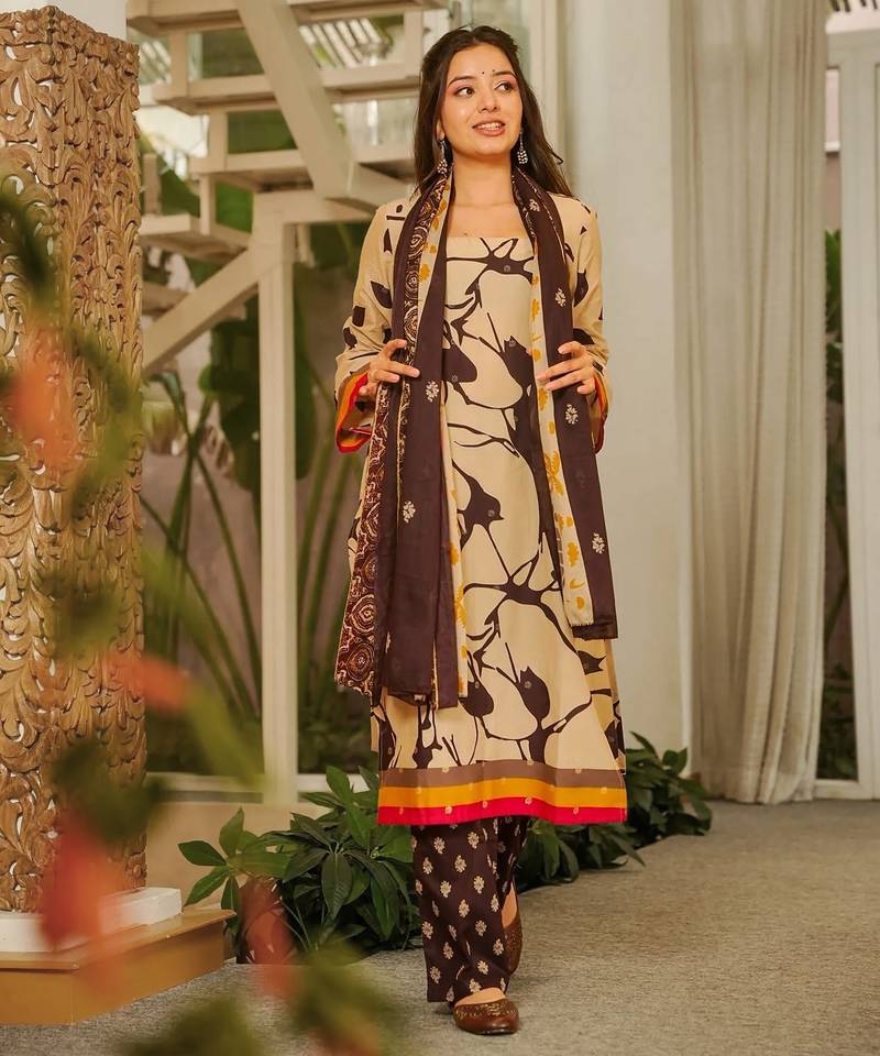 Brown color cambric cotton fabric elegant readymade suit for trendy girls