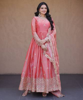 Peach color fendy silk fabric designer embroidered gown with dupatta 1