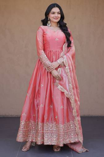 Peach color fendy silk fabric designer embroidered gown with dupatta