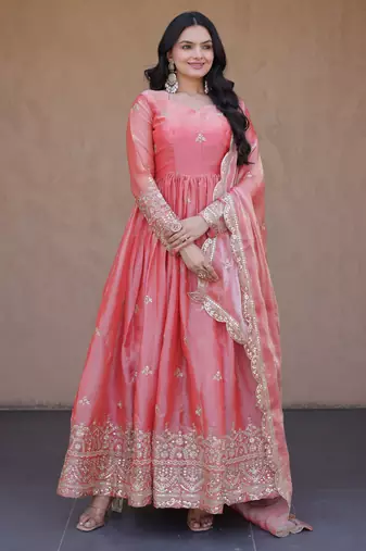 Peach color fendy silk fabric designer embroidered gown with dupatta