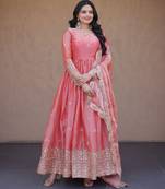 Peach color fendy silk fabric designer embroidered gown with dupatta