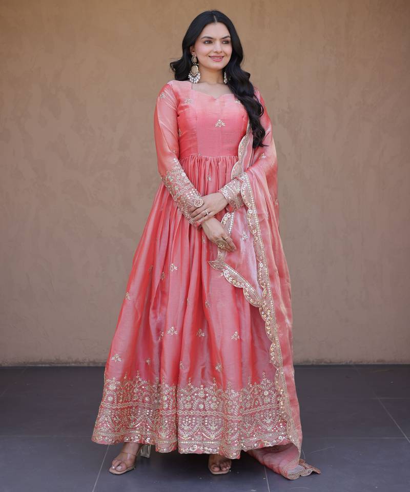 Peach color fendy silk fabric designer embroidered gown with dupatta
