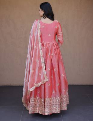 Peach color fendy silk fabric designer embroidered gown with dupatta 2