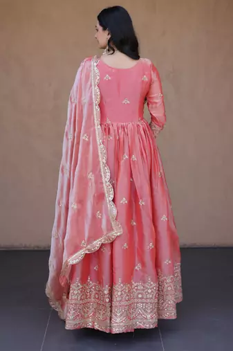 Peach color fendy silk fabric designer embroidered gown with dupatta