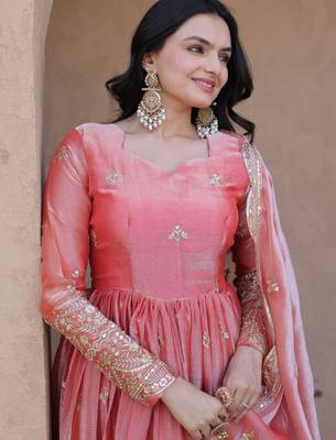 Peach color fendy silk fabric designer embroidered gown with dupatta 3