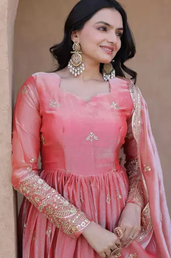 Peach color fendy silk fabric designer embroidered gown with dupatta