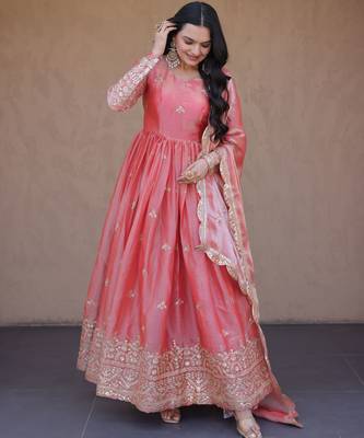 Peach color fendy silk fabric designer embroidered gown with dupatta 4