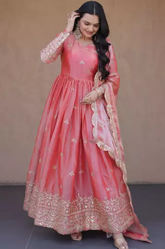 Peach color fendy silk fabric designer embroidered gown with dupatta