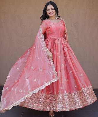 Peach color fendy silk fabric designer embroidered gown with dupatta 5