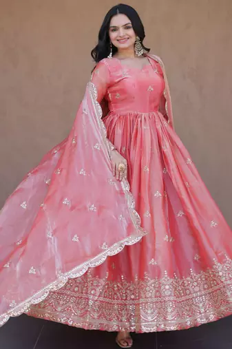 Peach color fendy silk fabric designer embroidered gown with dupatta