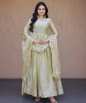 Pista color fendy silk fabric designer embroidered gown with dupatta 1