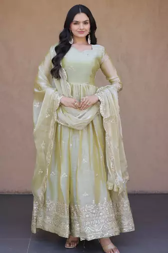 Pista color fendy silk fabric designer embroidered gown with dupatta