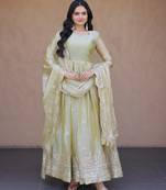 Pista color fendy silk fabric designer embroidered gown with dupatta